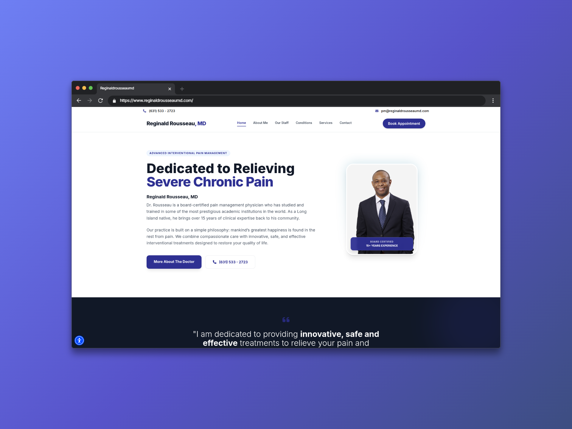 Desktop interface mockup of the Dr. Reginald Rousseau's website